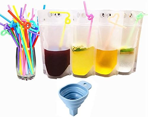 ANTFEES 50 PCS Disposable Drink Container Set for Outdoor Sport Hiking，Reclosable Zipper Stand-up Plastic Pouches Bags For Cold &amp; Hot Drinking with Straws &amp; Funnel