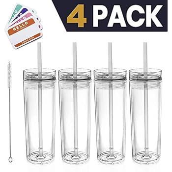 SKINNY TUMBLERS 4 Clear Acrylic Tumblers with Lids and Straws | 16oz Double Wall Clear Plastic Tumblers + FREE Straw Cleaner & Name Tags! Bulk Reusable Cups With Straw - Insulated Tumbler