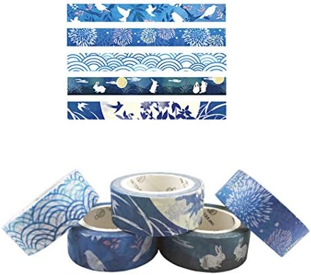 Qiuyan 5 Rolls Decorative Washi Tape, Japanese Masking Self Adhesive Tape Sticky Paper Tape Collection for Scrapbooking, DIY Craft Gift, Journals, Daily Planners - Blue Style