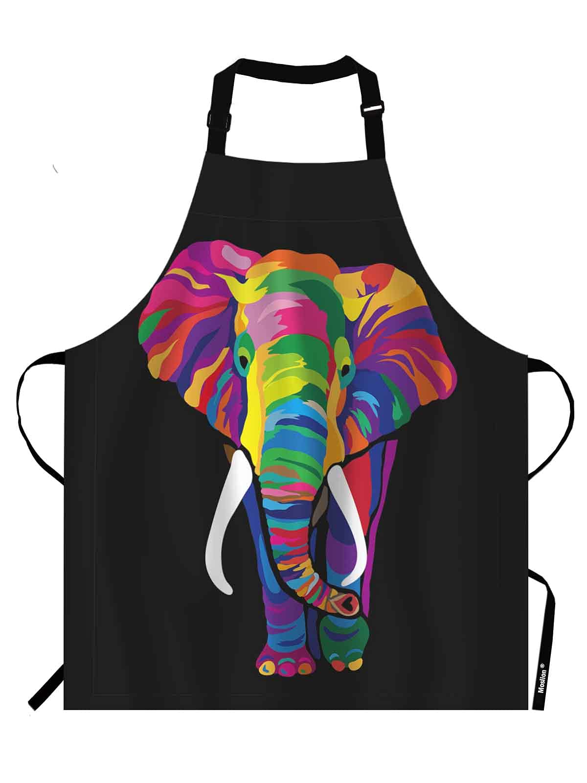 Moslion Colorful Elephant Apron,Rainbow Bright Color African Safari Animal Elephants Black Apron,Adjustable Neck Bib for Men Women,Suitable for Kitchen Cooking Waitress Chef
