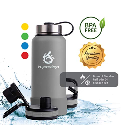 hydro2go ® Edelstahl Trinkflasche X-AlpsBottle - 1000ml / 1l | vakuumisolierte Thermosflasche + 3 Trinkverschlüsse | Auslaufsichere Isolierflasche | doppelwandige Outdoor Sportflasche | Thermoskanne – Bild 3