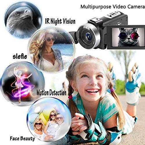 Compact digital camcorder with an external microphone attachment.