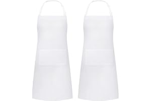 RIQIAQIA 2 Packs White Apron, Adjustable Cooking Aprons, Waterdrop Resistant Kitchen Aprons for Women Men Chef, BBQ Drawing(White,2)