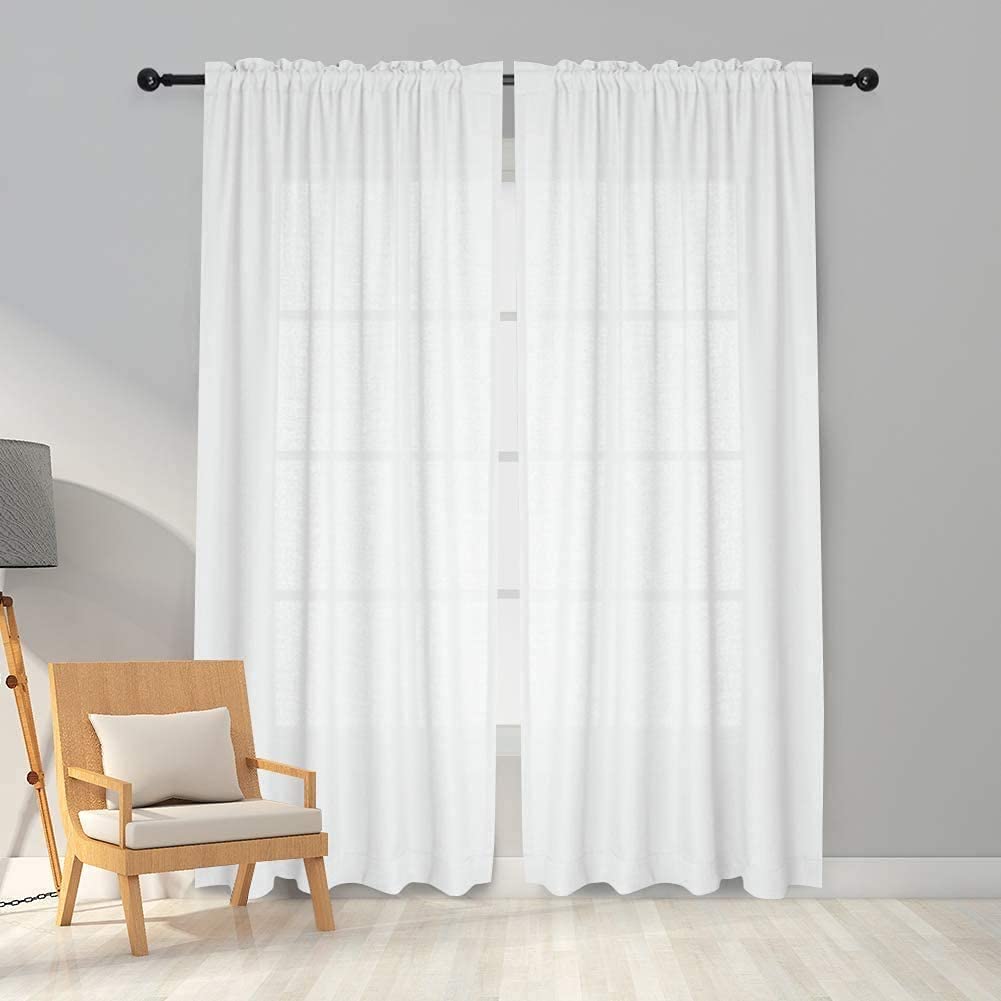 Melodieux 2 Panel Faux Linen Voile Net Curtains Semi Sheer Rod Pocket Drapes for Bedroom, Living Room, Window - White, 55 x 102 inch drop (140 x 260cm)