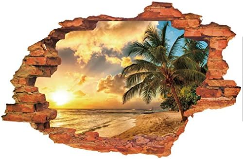 3D Fake Windows Wall Stickers Forest Bridge Lavender Desert Broken Wall Windows Landscape Pattern Decal Removable Vinyl Home Kids Nursery Room Decor Art Mural Wallpaper (4#Sunset beach)