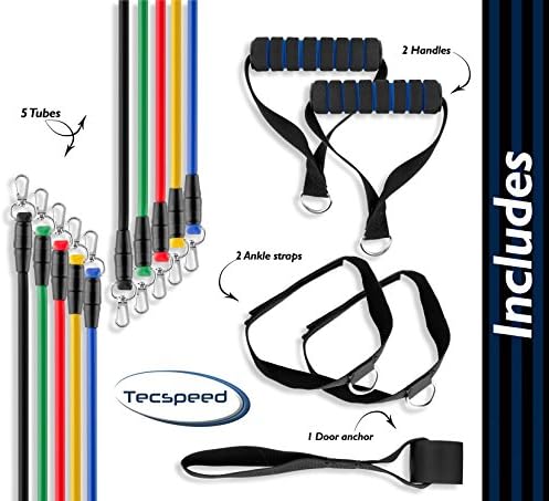 Tecspeed Resistance Bands Set with 2 Handles, 2 Ankle Straps, Door Anchor and Netted Carrying Bag