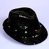 Anleolife Fedora Hat Led Fedora Hats Black Fedora Hats For Men Boys Flashing Led Cap Novelties Dance Hat School Show Performing Paillette Jazz Bling Hats 58cm/23'' Kids Adults General Use(black)