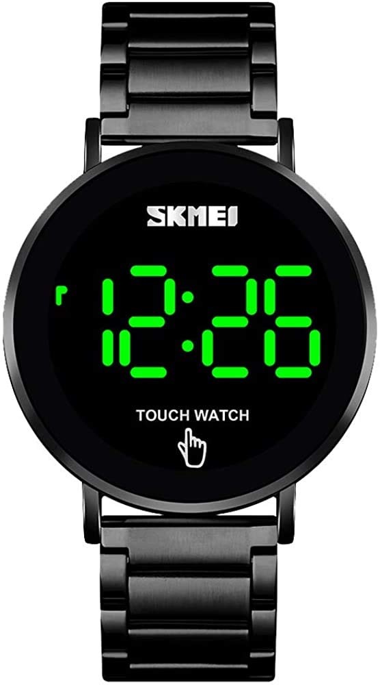 Gosasa Pantalla táctil Digital LED Impermeable Hombres Mujeres Deporte Casual Reloj de Pulsera de Acero Inoxidable (B Negro)