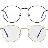 HJSTES Round Blue Light Glasses for Women Men Retro Circle Clear Lens Metal Frame Eyeglasses