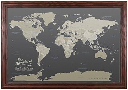 Push Pin Travel Maps Canvas - Personalized Earth Toned World with Solid Wood Cherry Red Frame