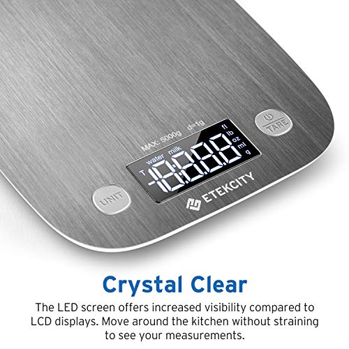 Etekcity Kitchen Food Scale Digital Weight Grams and Oz, LED Backlit Display (AAA Battery), Stainless Steel, Silver - Thumbnail 4