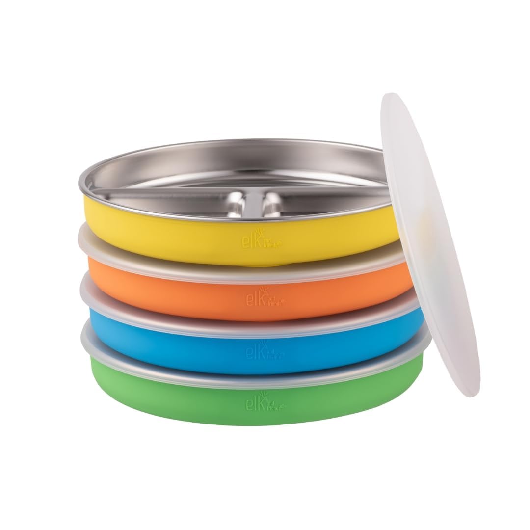 Elk and Friends Kids Stainless Steel Divided Plates with Silicone Sleeves + Lid| Suitable for Babies/Toddlers | Dishwasher Safe | Non Slip Dinnerware | Snack Dishes | 4 Pack