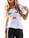 FV RELAY Women's Summer Cute Eyelash Lip Print Tee Casual Teen Girls T Shirts (L, White)