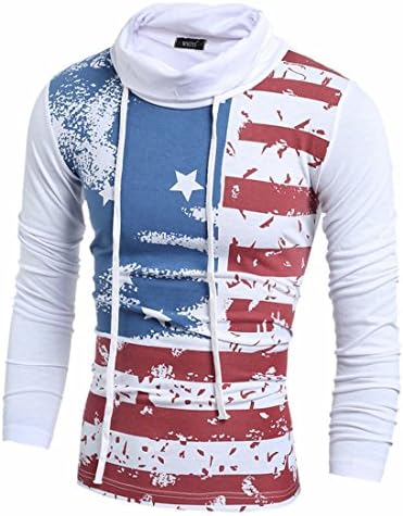 HMX Mens Slim Fit Shirt USA Flag Printed Tees Pullover M White