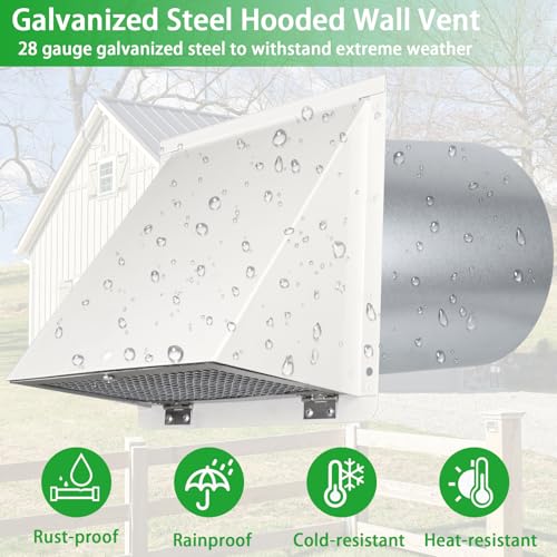 6 Inch Hooded Wall Vent with Screen and Damper,6 Inch Exhaust Vent Cover Cap for Outdoor Kitchen Range Hood Dryer Ventilation,Outside Wall Mount Extractor for House Air Exhaust,Galvanized Steel,White