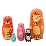 Echodo 5pcs Handmade Animal Nesting Dolls Authentic Russian Wooden Matryoshka Dolls Cute Cartoon Animals Pattern Nesting Doll Toy Gift