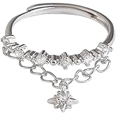 Dainty CZ Dangle Star chain Ring S925 Sterling Silver for Women Cubic Zirconia diamond Adjustable Statement Wedding Engagement Anniversary Rings Eternity Finger Band Dainty Jewelry Gifts for Her BFF