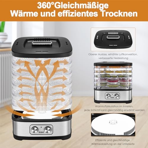 GGJ-261A Dörrautomat mit 5 höhenverstellbaren Tabletts, Temperaturregelung von 35-70°C, 240 Watt Dörrgerät für Obst und Gemüse, BPA-frei, Silber, Klar, Schwarz