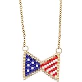 SHINUS BOHO Patriotic Bow American Flag Pendant Necklace for Women,Red Blue White Flag Independence Memorial Day Fashion Jewelry Gift