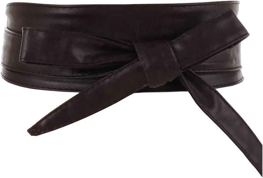 Aecibzo Women's PU Leather Self Tie Wrap Around Obi Waist Band Cinch Boho Belt