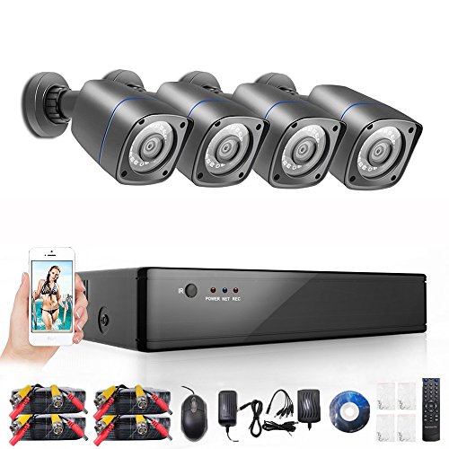 Rraycom 4CH Security Camera System 1080H DVR with 4x 2000TVL Superior Night Vision IR Cut SMD Leds indoor/outdoor CCTV Camera (P2P Technology/E-Cloud Service,Without Hard Drive)