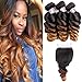 Allove Hair Brazilian Loose Wave Ombre Bundles With Closure (14 16 18+12inch) 3 Bundles with 4X4 Lace Closure Free Part Virgin Remy Hair 10a 3 Tone 1B/4/27 Ombre Weave Human Hair