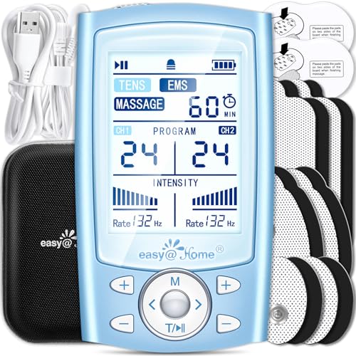 Easy@Home TENS Machine EMS: TENS Machine for Pain Relief Muscle Stimulator for Back Pain EMS | EMS Foot Massager | Back Massage Machine | Dual Channel 24 Modes 12 Pads Replacements