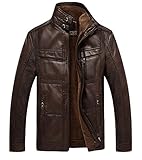 Chouyatou Men's Casual Stand Collar Zip-Up Faux Leather Jacket with Fleece Lined (Small, Coffee)