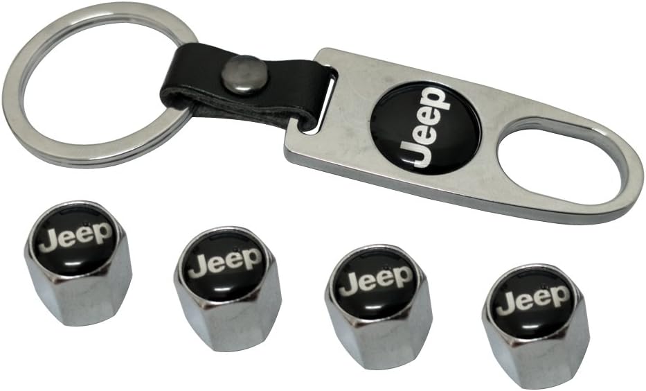 Carmesis Design Combo Set with Stainless Steel Silver Tire Stem Valve Caps and Silver Keychain For 4X4 Wheel Jeep Adventure Enthusiast Lover