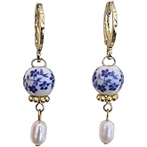 Iutymu Blue Porcelain Genuine Freshwater Pearl Gold Huggie Earrings Blue White Floral Porcelain Pearl Earrings Small Hoop Earrings