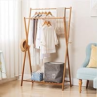 Nesee Multifunctional Double Pole Bamboo Coat Rack Shoe Rack with 2 Side Hooks X-Frame Garment Rack, Easy Assembly （Ship from US）