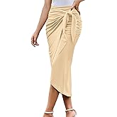 UEOIOW Women Ruched Pencil Skirt High Waist Wrap Tie Front Asymmetrical Long Maxi Skirts Bodycon with Slit