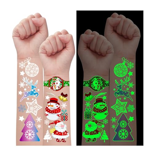 Partywind Luminous Temporary Tattoos, 150 Styles Glow Fake Tattoo Stickers with Snowflake Santa for Kids Stocking Stuffers, Christmas Party Supplies Favors (10 Sheets)