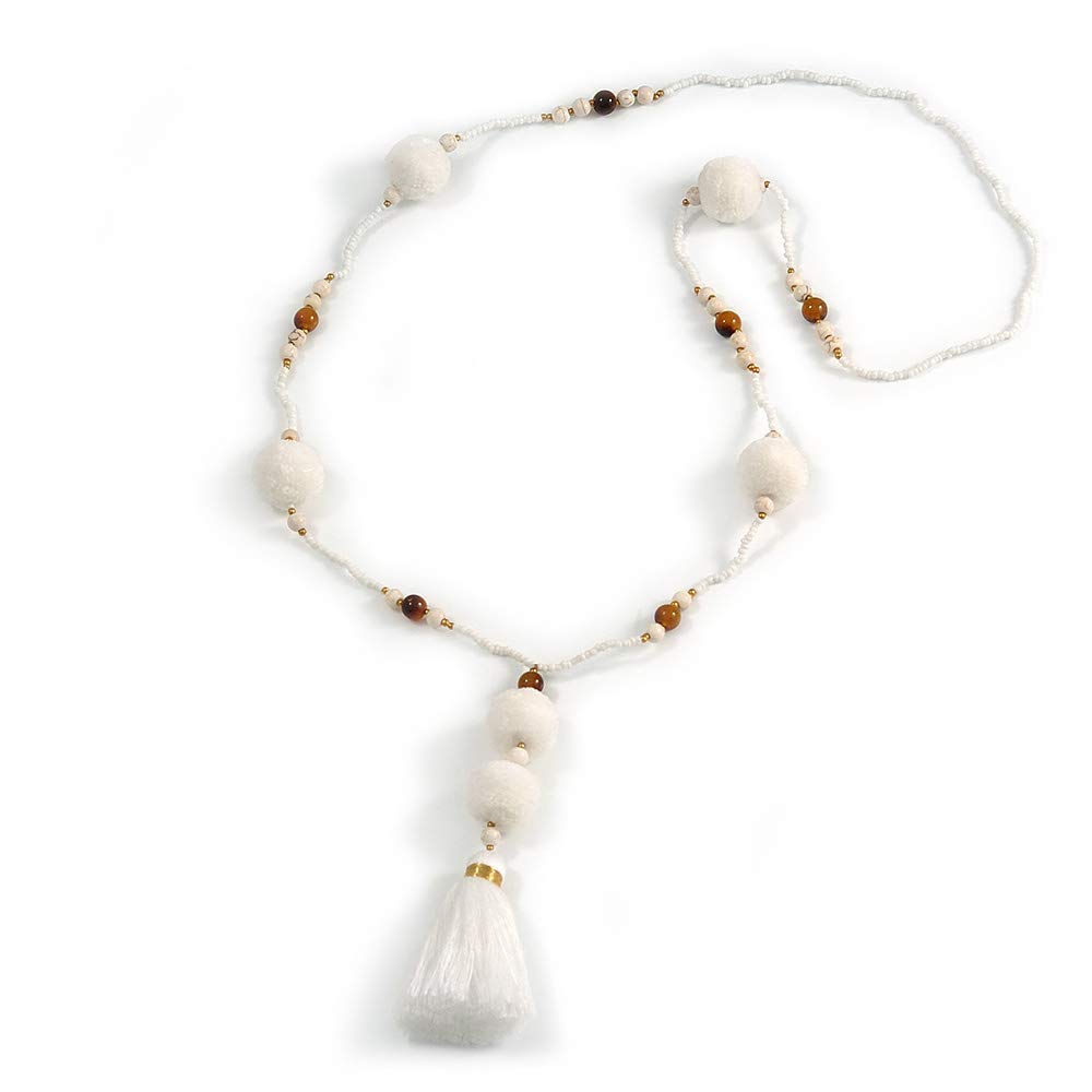Avalaya Long Snow White Glass Bead Pom Pom Tassel Necklace/ 88cm L/ 10cm Tassel