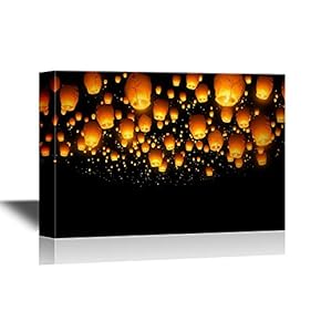 Chinese Culture Canvas Wall Art - Lanterns Flying in The Sky in The Night - Gallery Wrap Modern Home Art | Ready to Hang - 12x18 inches