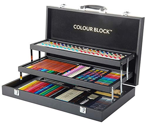 COLOUR BLOCK Premium 181 Piece All Media Art Set in Durable PU hinged Box, with Soft & Oil Pastels, Acrylic & Watercolor Paints, Watercolor, Sketching, Charcoal & Colored Pencils and Art Tools