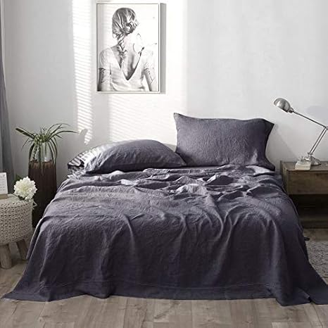Amazon Com Simple Opulence 100 Washed Linen Sheet Set Queen Size Natural France Flax Bed Sheet 4 Pcs Breatherable Ultra Soft Farmhouse Bedding 1 Flat Sheet 1 Fitted Sheet 2 Pillowcases Embroidery Dark Grey Home Kitchen