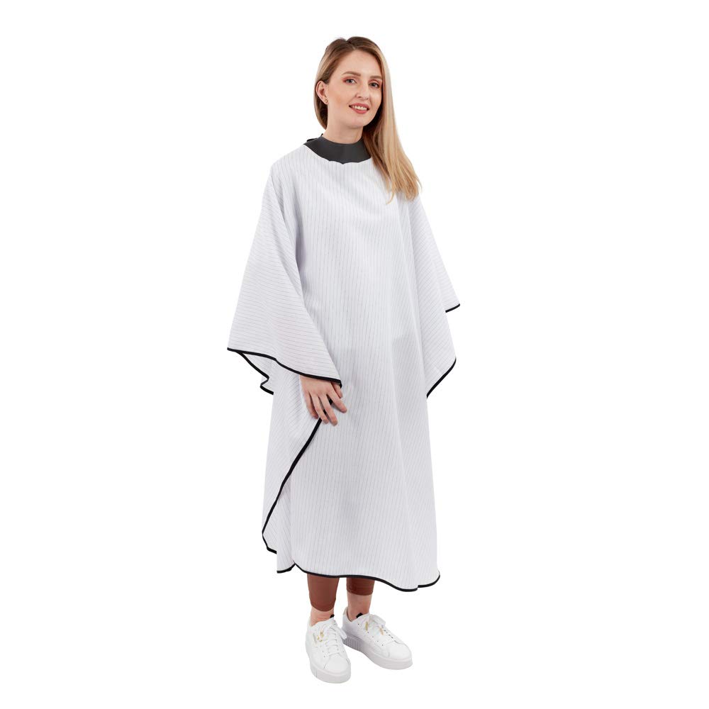 NeoCape Unigown PTFE Coated Hairdressing Gown - Premium Barber Cape with built-in Neoprene HairStop Collar (White Pinstripe)