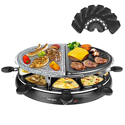 Raclette 8 Personen Naturstein mit Heißem Stein Zum Grillen und Überbacken, 8 Pfännchen, Antihaftbeschichtet, Schwarz