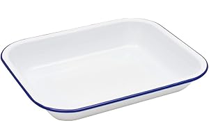 CROW CANYON HOME Enamelware Small Open Roaster, 11.5 x 9.25 inches, Vintage White/Blue (Single)