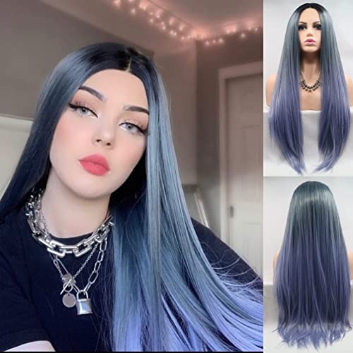 Ombre Syntehtic Lace Front Wigs Long Straight Dark Roots to Purple Blue Gray Colorful Wig Heat Resistant Synthetic Lace Front Wigs for Women 24 Inch (Ombre Blue Light Purple)