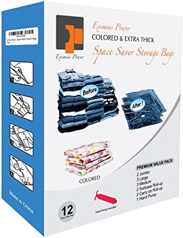 Colored and Extra Thick Jumbo Large &amp; Medium Premium Space Saver Vacuum Storage Bags | 12 Pack Count (2J, 3L, 3M) + 4 Travel ROLL-Ups | Seal Air-Tight Pack for Clothes Works With Any Vacuum Cleaner