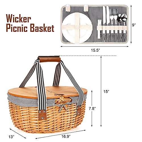 Wicker Picnic Basket Set for 2 with Double Wooden Lids & Handles