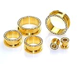 24k Gold Anodized Over Surgical Steel Screw-on Plugs/gauges W Clear Diamond Cz Stones 2 Piece