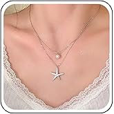 Erimberate Bohemian Layered Crystal Starfish Choker Necklace Silver Cz Sea Star Pendant Necklace Round Pearl Starfish Collar Necklace Rhinestone Marine Life Chain Necklace Jewelry for Women Gifts