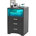 HOSEOKA 3 Drawers Black Nightstand with Wireless Charging Station and LED Lights, Side Table with Open Storage Bedside End Table Night Stand Storage Cabinet for Bedroom, Black