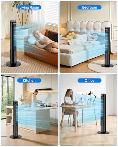 Tower Fan 92 cm with Adjustable LED Screen (Total Off) and Remote Control with Mute Button, Silent Column Fans 28dB, 6 Speeds+5 Modes, Oscillation 70°, 8 m/s, Timer 12h