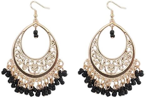 Clearance! Creazrise Ethnic Style Beaded Tassel Earrings Bohemian Dangle Earrings (Black)
