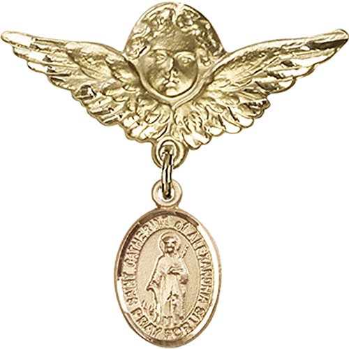 14kt Yellow Gold Baby Badge with St. Catherine of Alexandria Charm and Angel w/Wings Badge Pin 1 1/8 X 1 1/8 inches