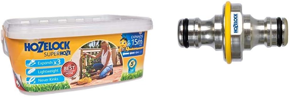 Hozelock 15m Superhoze Hosepipe, Yellow & Grey & Pro Metal Double Male Hose End Connector